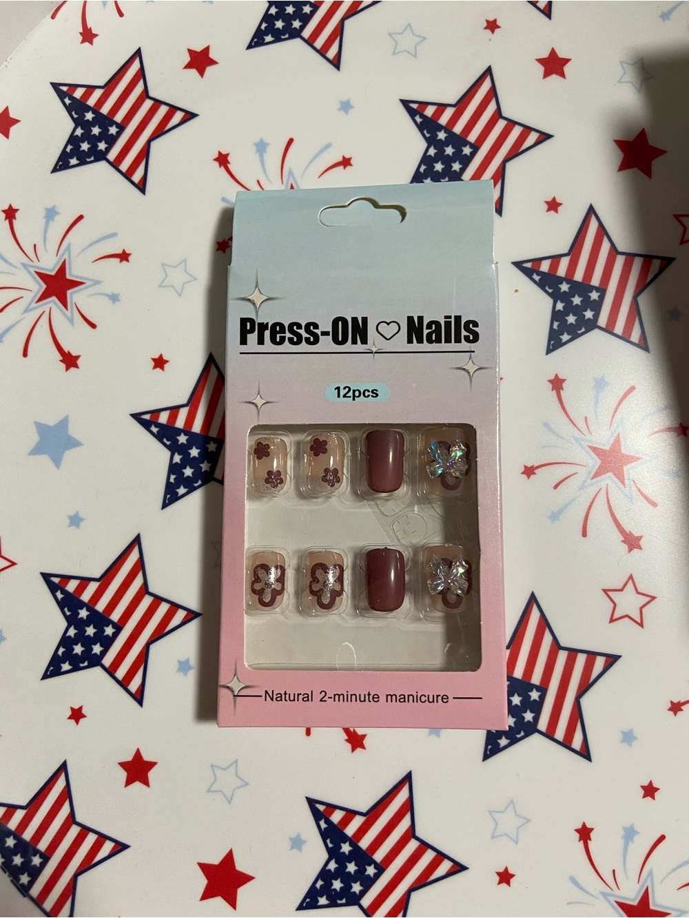 Press-On Nails Set with Pink Floral and Jewel Accents